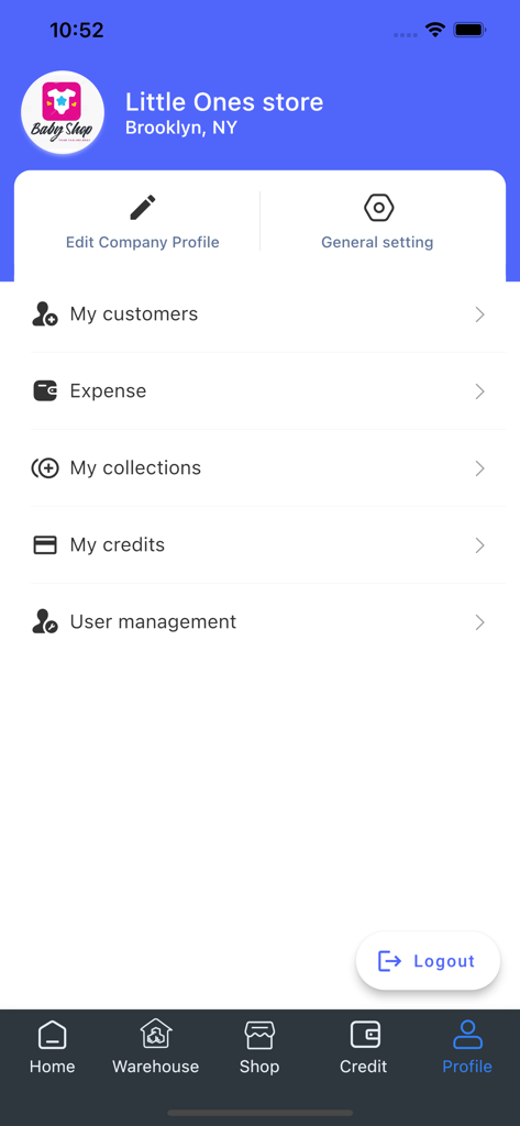 Yene Stock - Manage Inventory - Business profile and management settings interface in the Yene Stock app