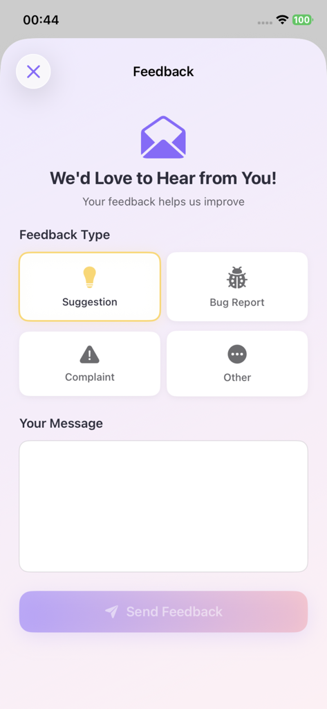 AR Drawing - TraceCam - A tela de feedback do aplicativo AR Drawing TraceCam com categorias como Sugestão e Relatar Bug com um campo de mensagem.