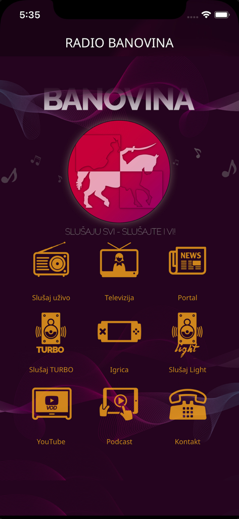 Radio Banovina - Main screen of the Radio Banovina app showing navigation icons for live radio television and news