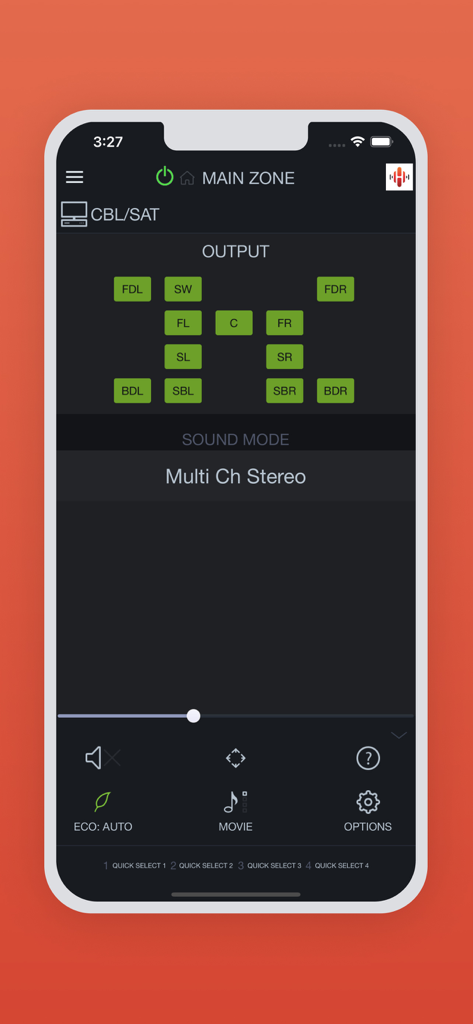Schermata dello smartphone che mostra le impostazioni degli altoparlanti e la modalità audio dell'app Denon AVR Remote.