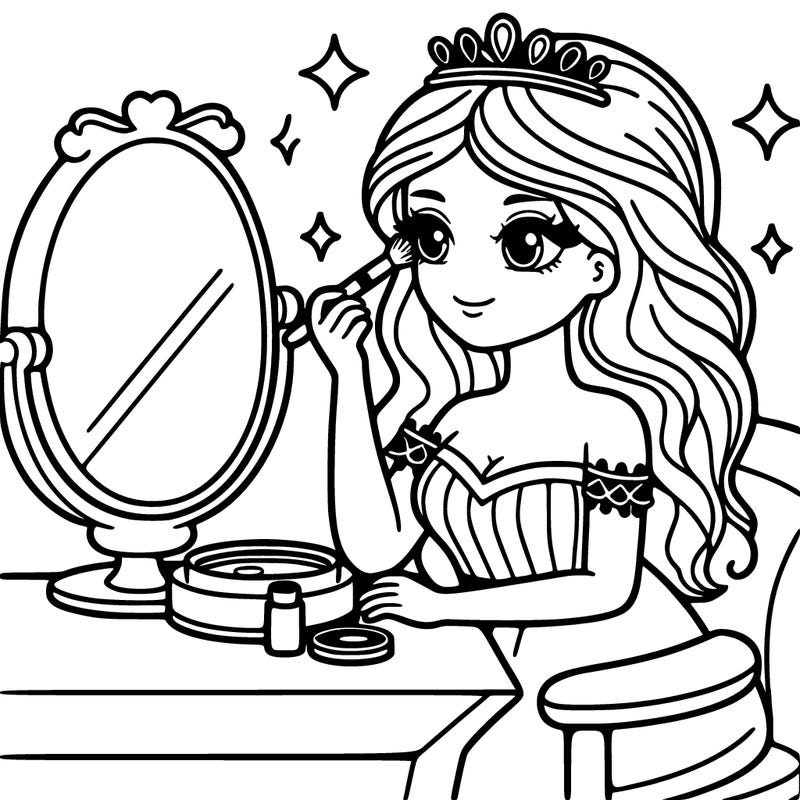 beautiful woman sitting at a vanity doing her makeup while wearing a dress and a crown