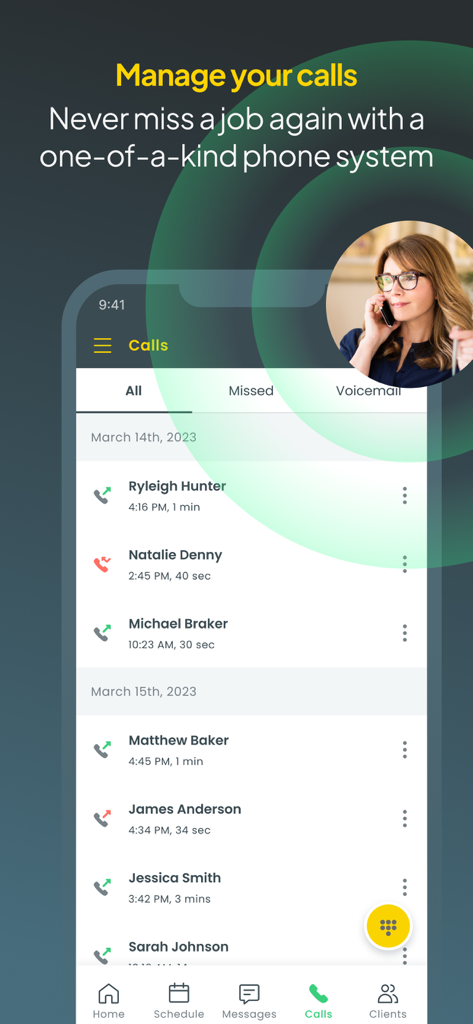 Workiz Field Service Software - Workiz app interface displaying a call log with names of customers and call durations under the Manage your calls header