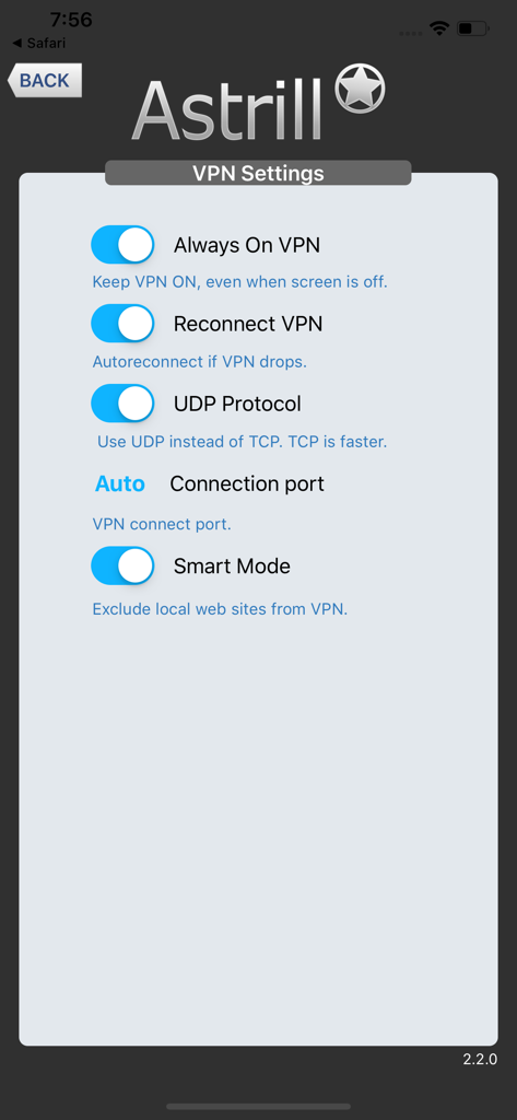 Astrill VPN Client - Pantalla de configuración de la aplicación móvil Astrill VPN que muestra los interruptores de configuración de VPN Siempre Activa y Modo Inteligente.