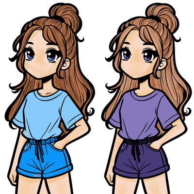 a girl with her hair up in a t shirt and shorts