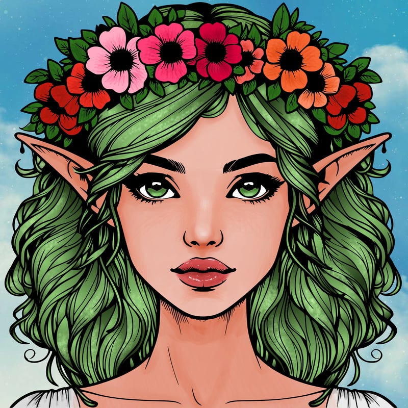 realistic female elf with flower crown