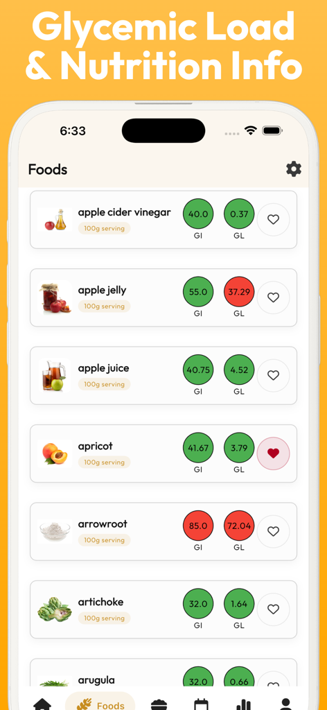 Glycemic Index Guide Tracker - A mobile app interface displaying a list of foods with their glycemic index and glycemic load ratings