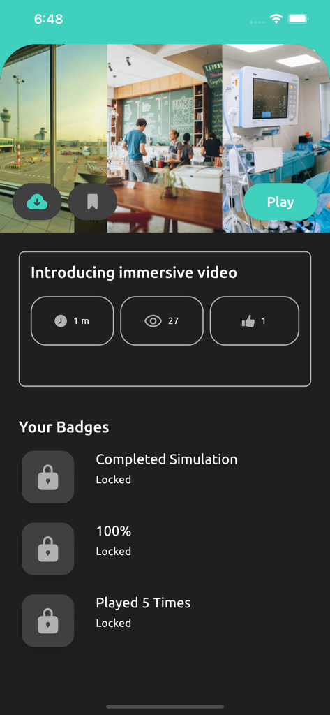 Virti - 没入型ビデオトレーニングモジュールとロックされたアチーブメントバッジのリストを表示するVirtiアプリインターフェース。
