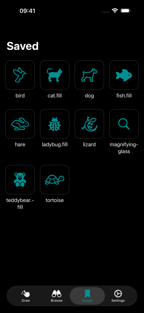 SF Search - SF Searchアプリの保存済みシンボルビュー。暗い背景に、ティール色の動物アイコンのグリッドが表示されています。