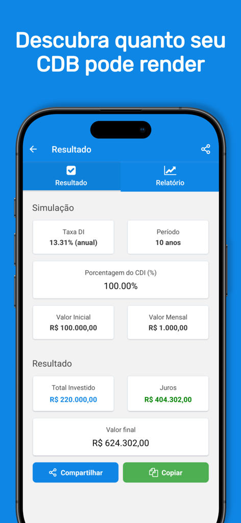 Result screen of the CDB fixed income calculator showing a 10 year investment simulation