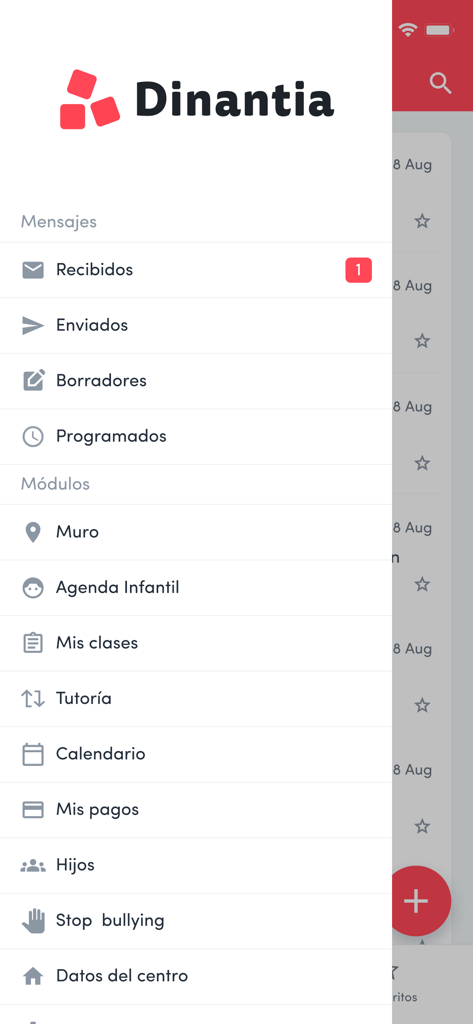 Dinantia - Menú lateral de la aplicación móvil Dinantia con navegación para mensajes, calendario escolar y módulos de Stop Bullying