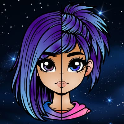 realistic split girl long hair on one side short spikey hair on the other