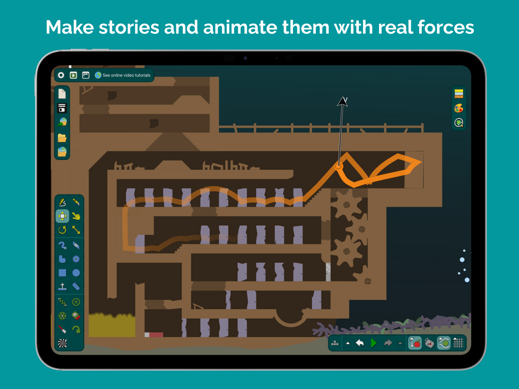 Algodoo iPad app interface displaying a complex 2D physics machine with gears and an orange animated path.