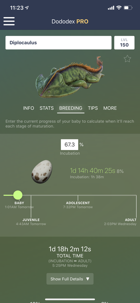 Breeding and maturation timeline for a Diplocaulus in the Dododex app