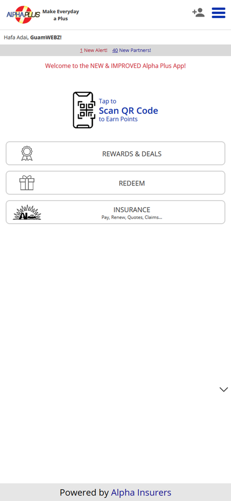 Alpha Plus - Alpha Plusモバイルアプリのホーム画面。リワード、交換、保険サービスが表示されます。