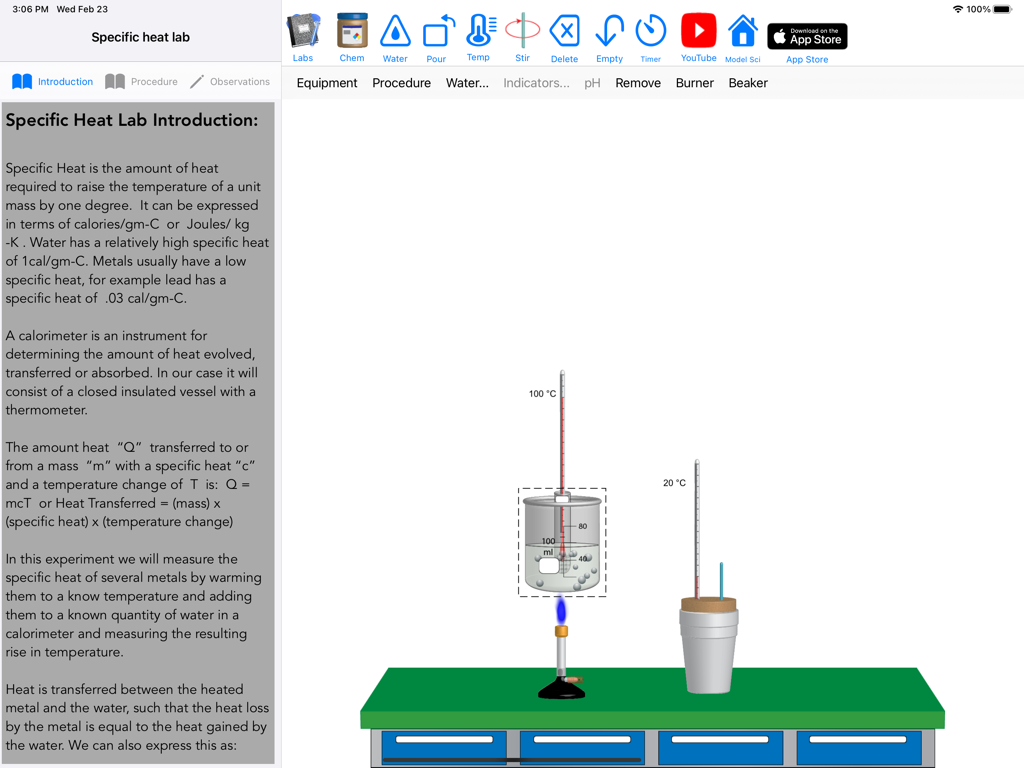 Model ChemLab Lite for iPad - Specific Heat Lab simulation interface in Model ChemLab Lite for iPad showing lab equipment and experiment introduction