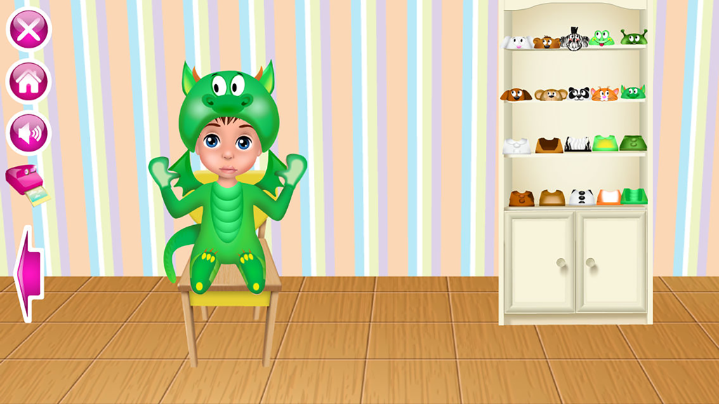 A baby character wearing a green dragon costume sitting on a chair with animal hats on a shelf in the background