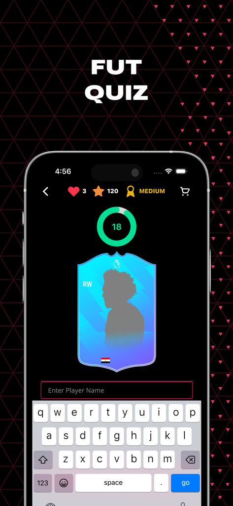 Futnet - FC 25 Cards & Squads - Interfaz de la función FUT Quiz en la app Futnet donde los usuarios adivinan el nombre de un futbolista basándose en una silueta de carta y nacionalidad.
