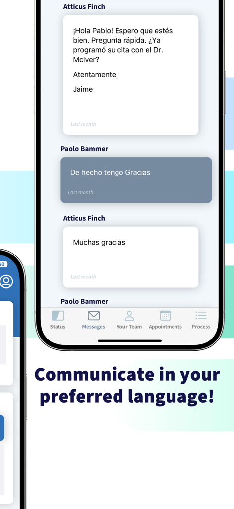 Case Status - Case Status app interface showing a message conversation in Spanish between a lawyer and a client.