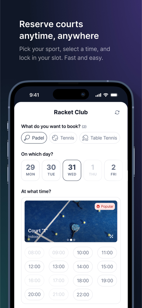 Sportin mobile app interface for reserving sports courts with date and time selection.