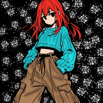 anime teen girl with baggy pants and crop top with sweater
