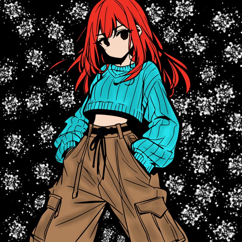 anime teen girl with baggy pants and crop top with sweater