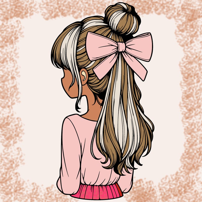 realistic girl  with hip length hair a bun and a big bow on the back of head