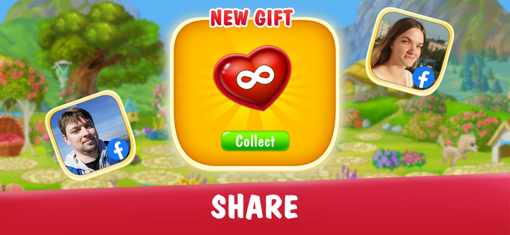 Garden Pets: Home Decorate - Interfaz del juego Garden Pets mostrando un regalo de vidas infinitas con opciones para compartir en redes sociales y perfiles de amigos de Facebook