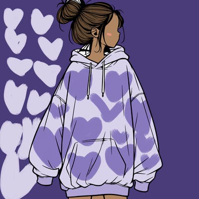 realistic girl with a oversized sweatshirt on and a bun