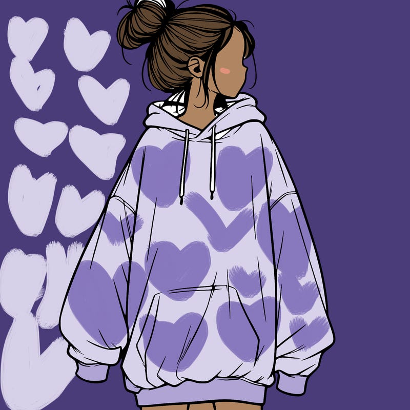 realistic girl with a oversized sweatshirt on and a bun
