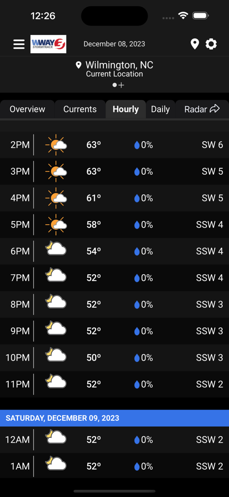 Schermata delle previsioni meteo orarie dell'app WWAY StormTrack 3 per Wilmington North Carolina