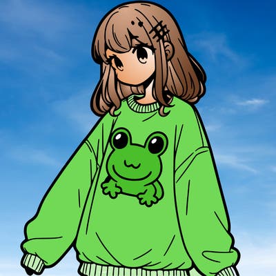 girl wearing frogging sweatshirt
