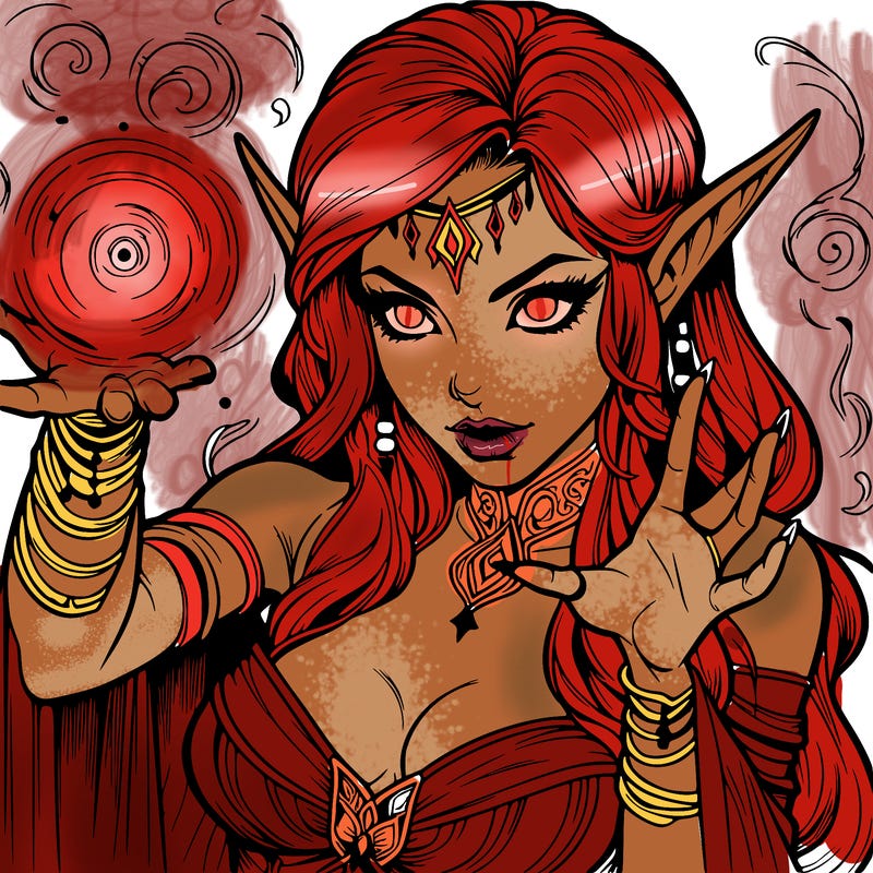 realistic scary beautiful elf sorceress casting spell