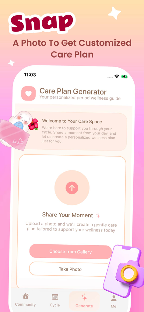 Pilla - Share, Explore - The Care Plan Generator screen of the Pilla app featuring a soft pink aesthetic and options to take or upload a photo for personalized wellness guidance.