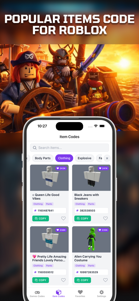 CodesHub - game codes for RBLX - Interfaz de la aplicación CodesHub mostrando códigos de artículos populares de Roblox para ropa y disfraces con una función de copia al portapapeles.