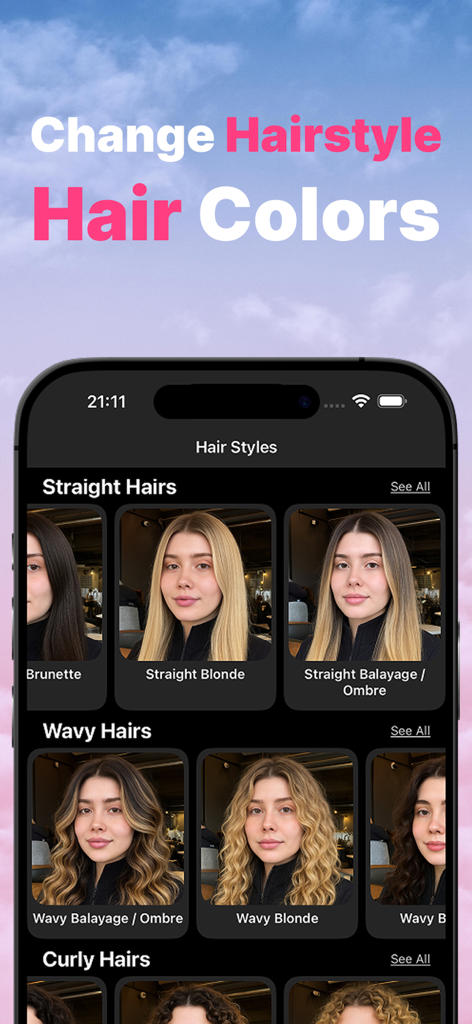 AI Hairstyle Changer: VibeHair - VibeHair mobile app interface displaying a variety of AI-generated hairstyles and hair colors.