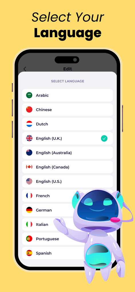 AI Writer - Essay Writing App - Schermata di selezione della lingua nell'app AI Writer con un mascotte robot