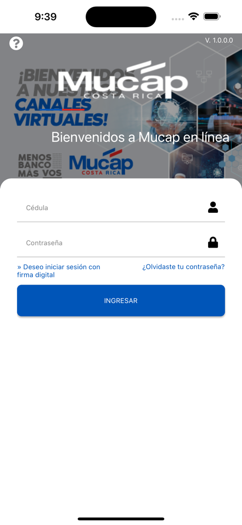 Pantalla de inicio de sesión de la app de banca móvil Mucap en linea con campos de ID y contraseña