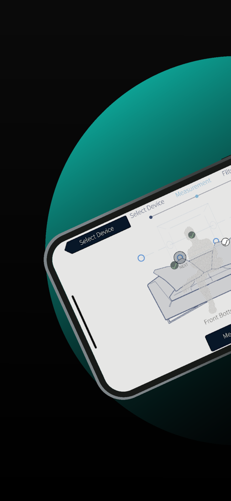 Dirac Live - Dirac Liveアプリのインターフェース、スピーカーレイアウト図付きの部屋の測定セットアップを表示
