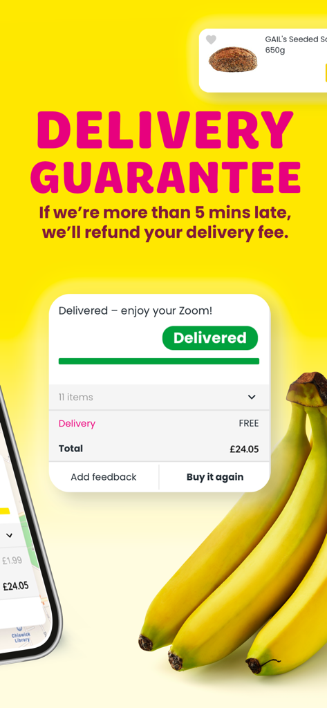 Zoom by Ocado app screenshot showing a delivery guarantee policy and a completed order summary on a yellow background