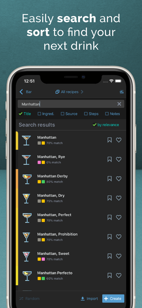 Mixel - Cocktail Recipes - Resultados de búsqueda de la aplicación Mixel para recetas de cócteles Manhattan con iconos retro de pixel art