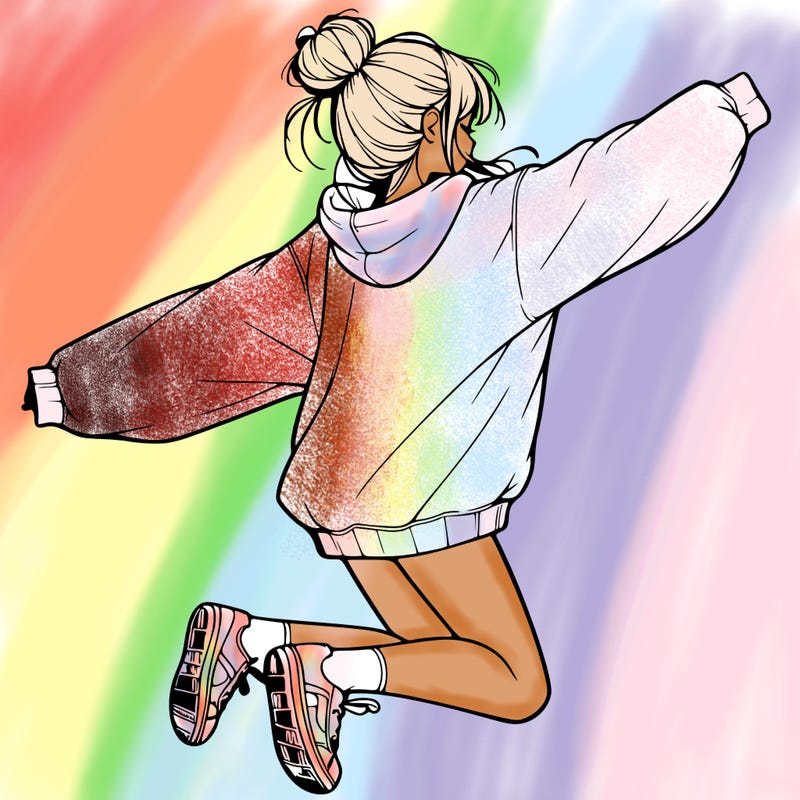 realistic girl jumping with a bun and oversized sweatshirt