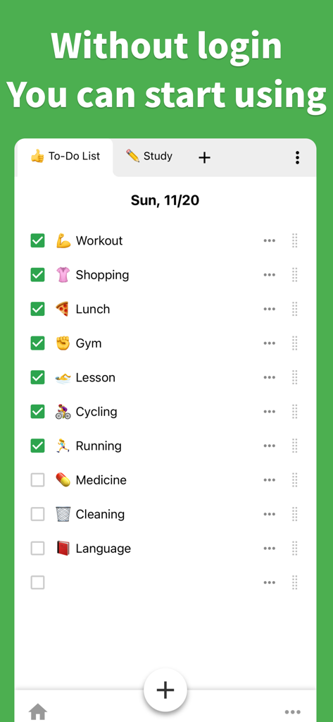 Daily Checklist app interface showing a task list with emojis and a notification stating no login is required.