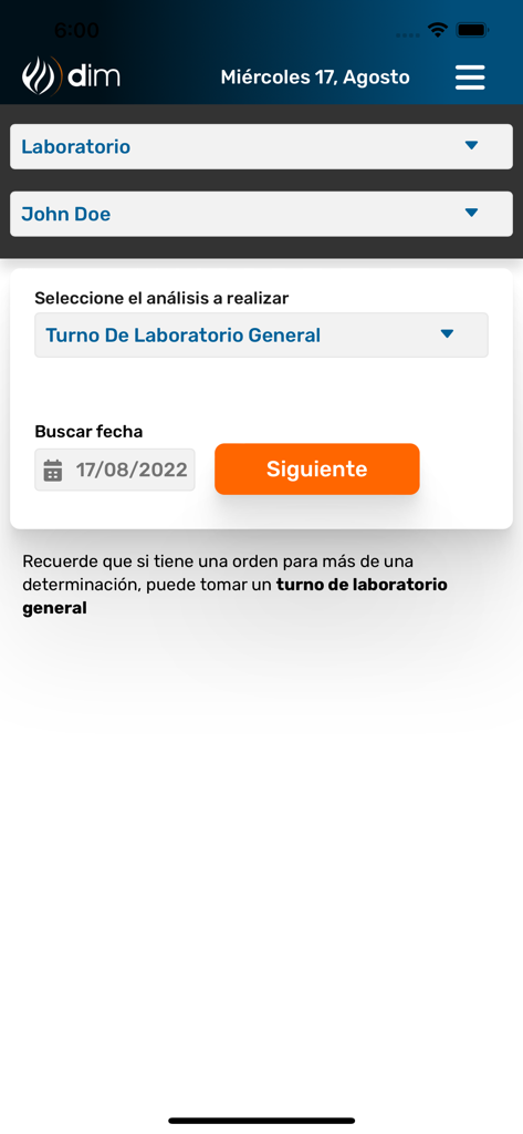 DIM SALUD Turnos y Resultados - Schermata per la prenotazione di un appuntamento di laboratorio nell'app mobile DIM SALUD