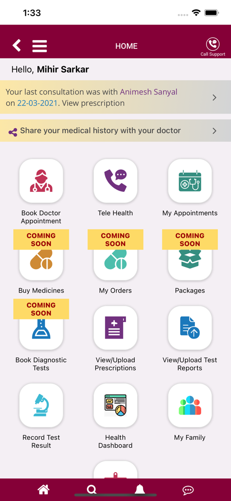 MAMATA Healthcare - Écran d'accueil de l'application MAMATA Healthcare affichant les fonctionnalités de télésanté et de rendez-vous médicaux