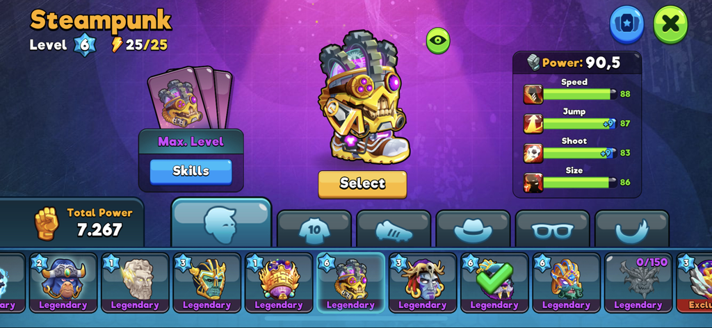 Uma tela de seleção de personagem Steampunk lendário no Head Ball 2 mostrando estatísticas de poder e opções de nível