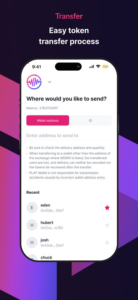 Oberfläche von PLAY Wallet, die den Token-Übertragungsprozess und eine Liste aktueller Kontakte zeigt