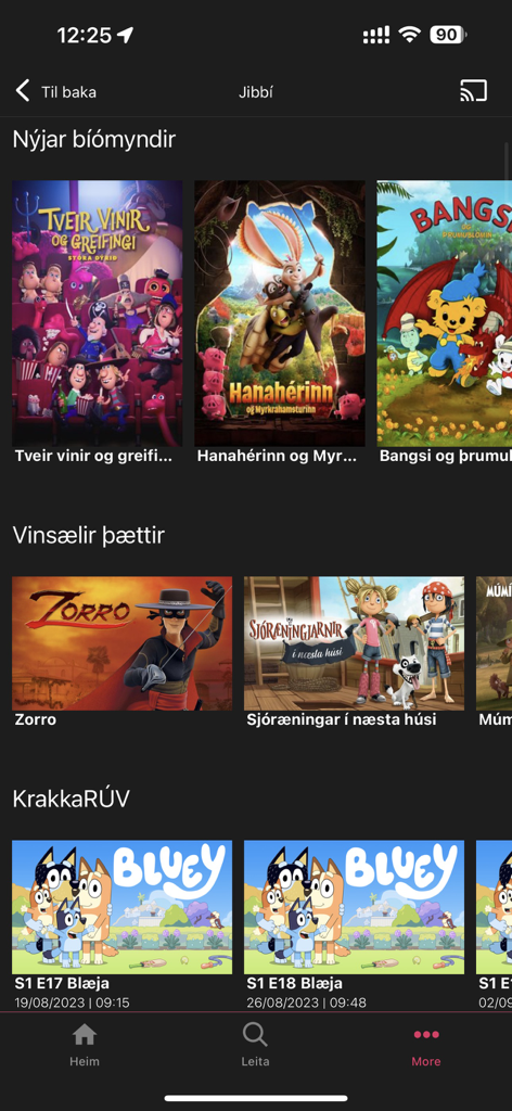 NovaTV sjónvarp - NovaTV app interface showing categories for movies, popular shows, and children's content like Bluey in Icelandic.