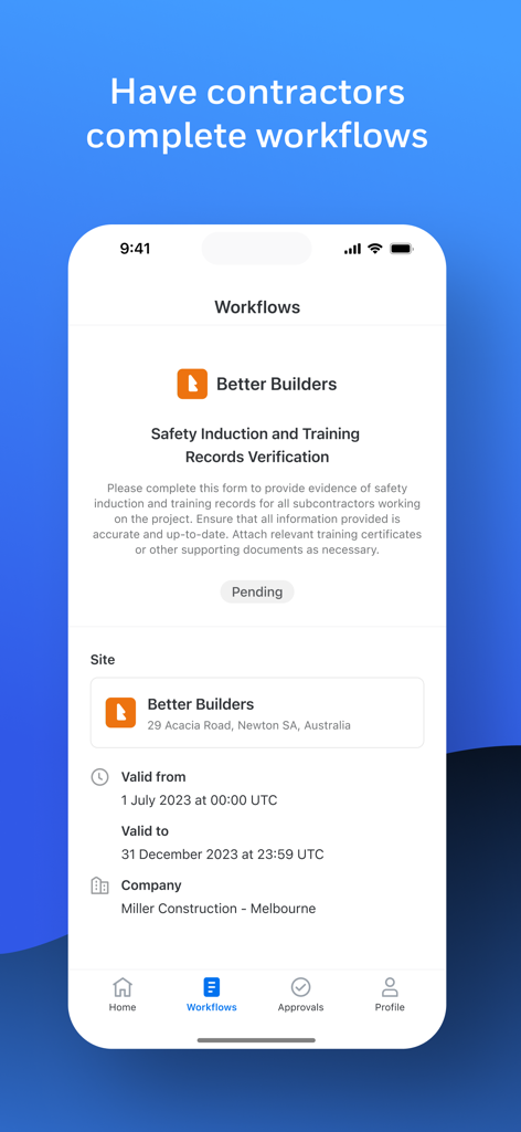 Sine Pro mobile app screen for contractor safety induction and workflow verification.