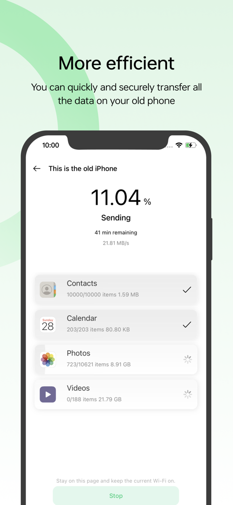 Interface de l'application Clone Phone montrant la progression du transfert de données d'un ancien iPhone vers un nouvel appareil, y compris les contacts et les photos
