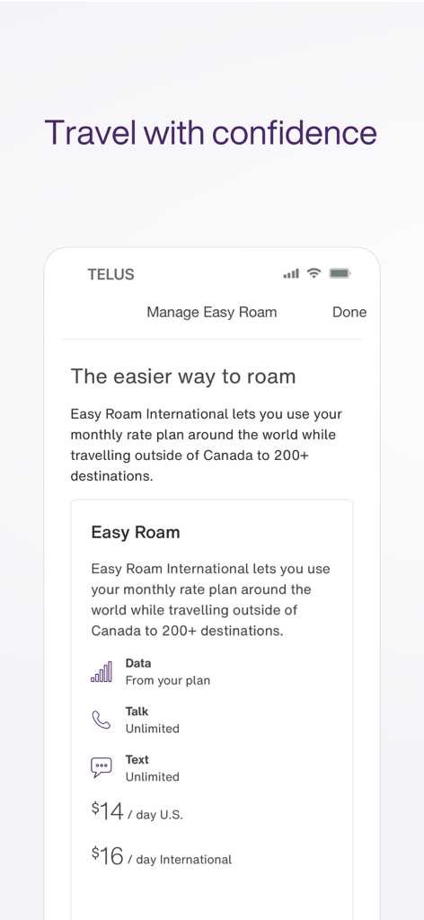 Interfaccia dell'app My TELUS che mostra i dettagli e i prezzi del piano di roaming internazionale Easy Roam